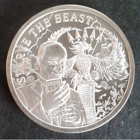 2019 1 Oz AOCS Silver Bullet Silver Shield Starve the Beast Obverse