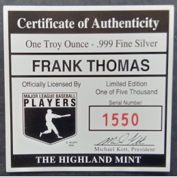 1994 1 Oz Highland Mint Frank Thomas Label Obverse